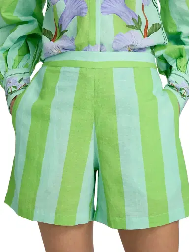VERANDAH Women's Ammama Summer Linen-Cotton Shorts - Aqua And Green Stripes - Size XL | Thumbnail 6