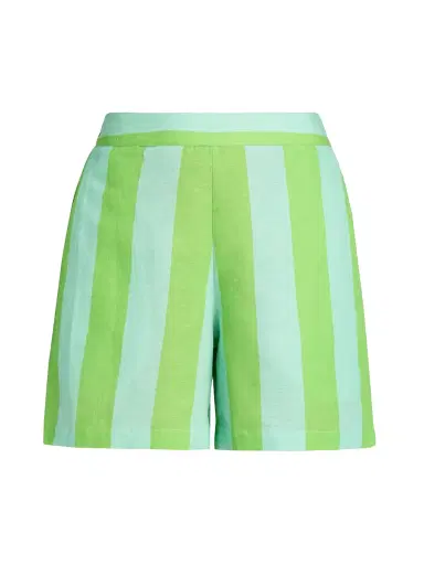 VERANDAH Women's Ammama Summer Linen-Cotton Shorts - Aqua And Green Stripes - Size XL | Thumbnail 1