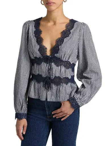 Cami NYC Women's Veredi Gingham Lace-Trimmed Blouse - Blue Gingham | Thumbnail 3