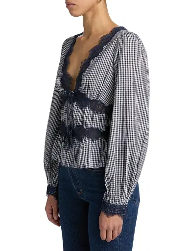 Cami NYC Women's Veredi Gingham Lace-Trimmed Blouse - Blue Gingham | Thumbnail 4