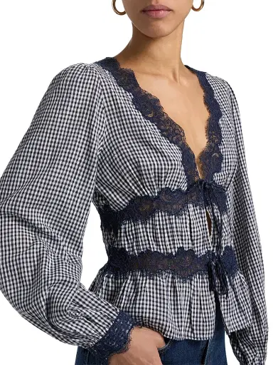 Cami NYC Women's Veredi Gingham Lace-Trimmed Blouse - Blue Gingham | Thumbnail 6