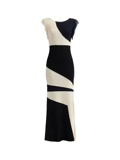 Proenza Schouler Women's Saskia Colorblocked Fringe Dress - Sand Multi - Size Large | Thumbnail 1