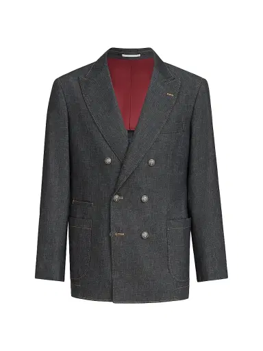Brunello Cucinelli Men's Lightweight Denim One and a Half Breasted Deconstructed Blazer | Thumbnail 2