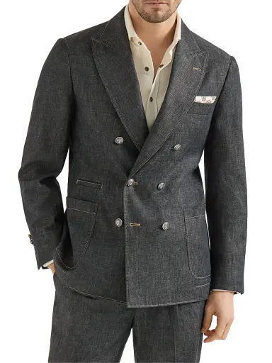 Brunello Cucinelli Men's Lightweight Denim One and a Half Breasted Deconstructed Blazer - Dark Grey - Size 48 | Thumbnail 1 Brunello Cucinelli Men's Lightweight Denim One and a Half Breasted Deconstructed Blazer - Dark Grey - Size 48 | Thumbnail 1