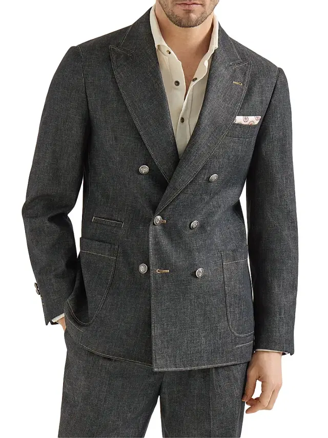 Brunello Cucinelli Men's Lightweight Denim One and a Half Breasted Deconstructed Blazer - Dark Grey