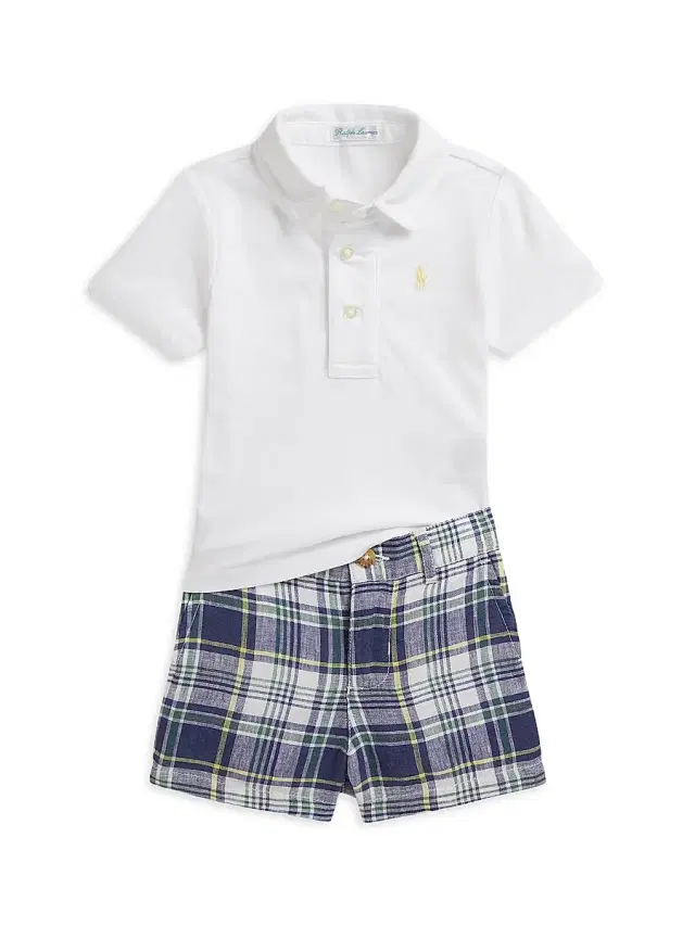 Polo Ralph Lauren Baby Boy's Cotton Polo Shirt & Plaid Linen Shorts Set - White 6 Months