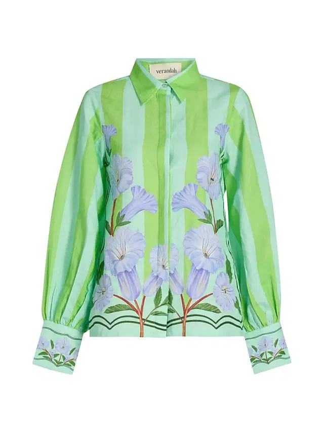 Verandah Women's Ammama Neelgiri Wild Flower Tunic Blouse - Aqua And Green Neelgiri