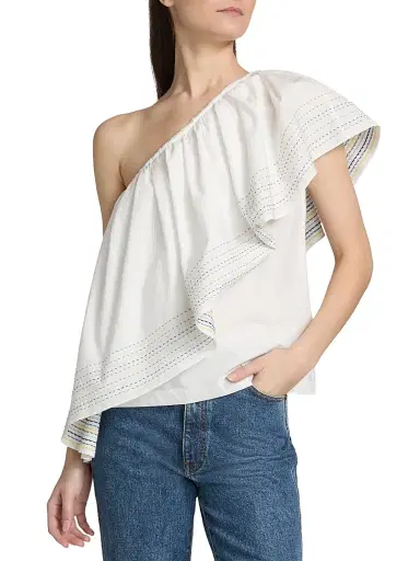 Rosie Assoulin Women's Wedge Trapunto-Stitched Cotton Poplin One-Shoulder Top - White | Thumbnail 3 Rosie Assoulin Women's Wedge Trapunto-Stitched Cotton Poplin One-Shoulder Top - White | Thumbnail 3
