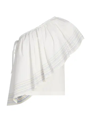 Rosie Assoulin Women's Wedge Trapunto-Stitched Cotton Poplin One-Shoulder Top - White | Thumbnail 1 Rosie Assoulin Women's Wedge Trapunto-Stitched Cotton Poplin One-Shoulder Top - White | Thumbnail 1