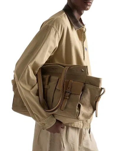 Prada Men's Route Canvas and Leather Tote Bag - Beige Khaki | Thumbnail 3