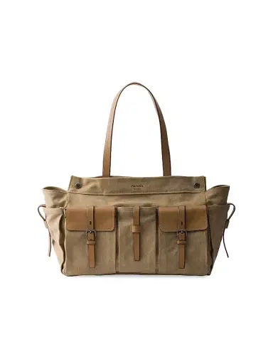 Prada Men's Route Canvas and Leather Tote Bag - Beige Khaki | Thumbnail 1
