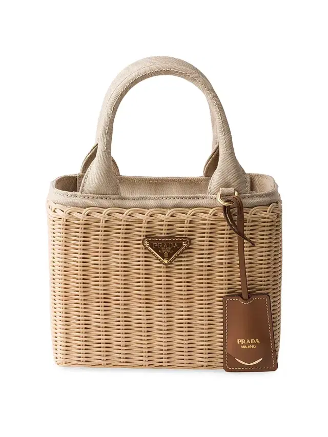 Women's  Wicker and Canvas Top Handle Bag - Beige Khaki