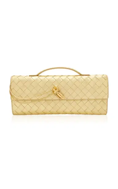 Bottega Veneta Andiamo Intrecciato Foiled-Satin Clutch | Thumbnail 1 Bottega Veneta Andiamo Intrecciato Foiled-Satin Clutch | Thumbnail 1