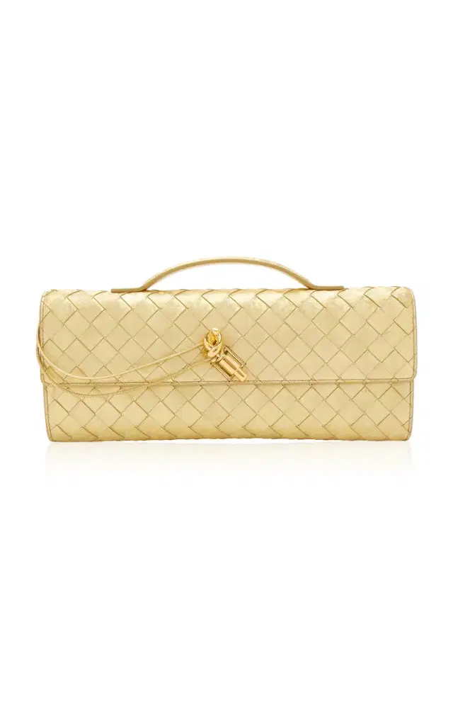 Bottega Veneta Andiamo Intrecciato Foiled-Satin Clutch