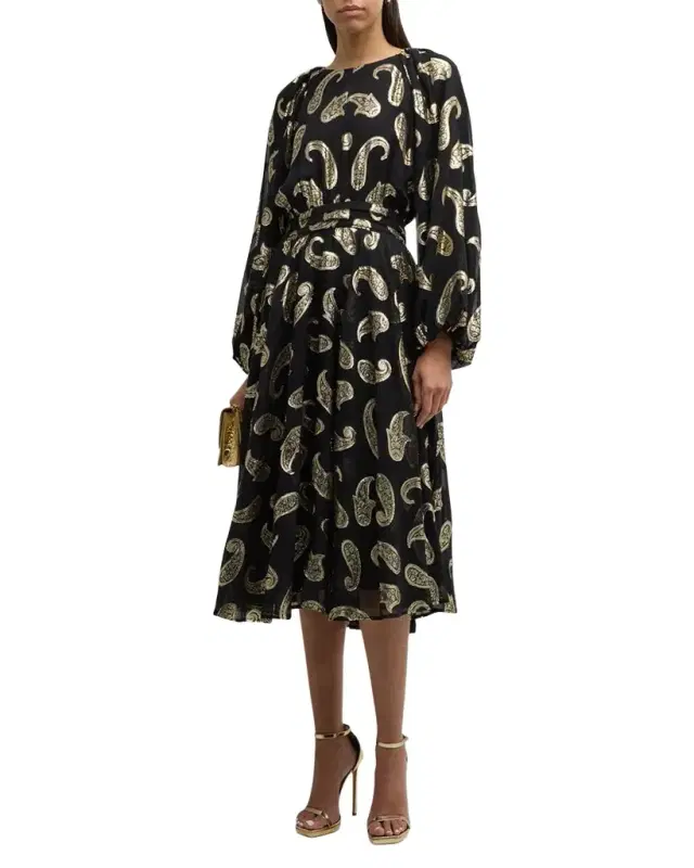 The Audrey Metallic Paisley-Print Midi Dress