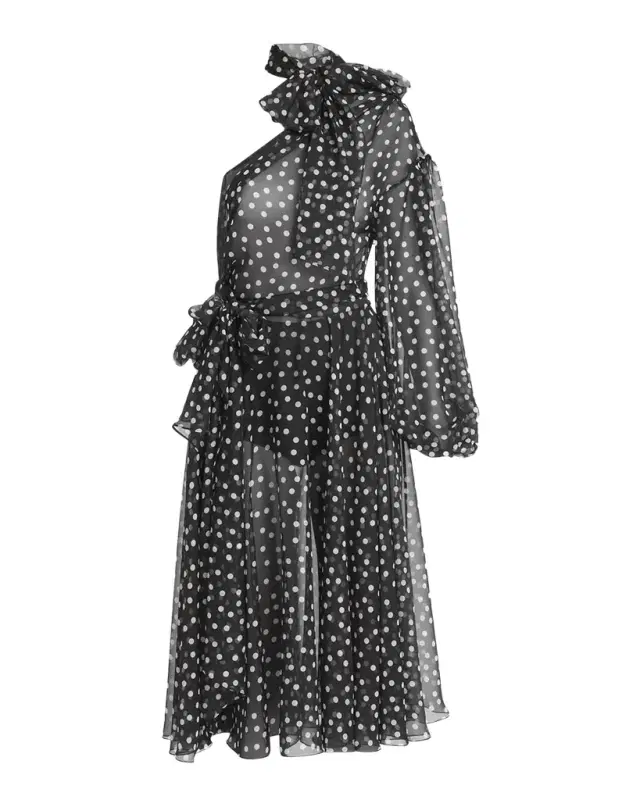 Coriander Peak Polka-Dot Chiffon One-Shoulder Bow Midi Dress