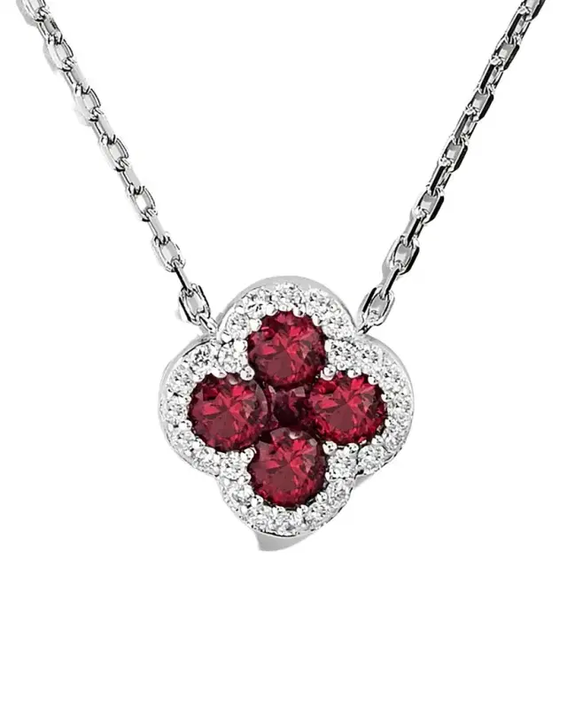 18K White Gold Diamond and Ruby Flower Pendant Necklace, 18"L