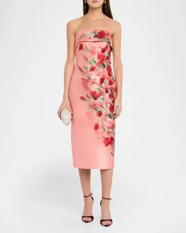 Badgley Mischka Strapless Floral-Print Mikado Midi Dress | Thumbnail 2