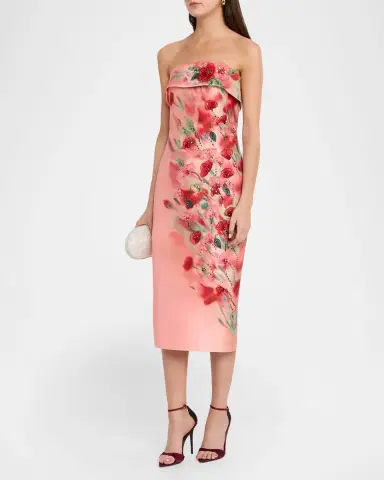 Badgley Mischka Strapless Floral-Print Mikado Midi Dress | Thumbnail 4