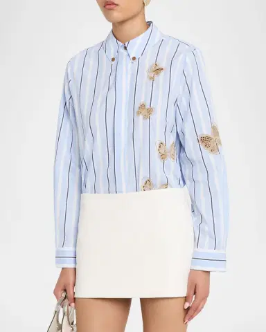 Dice Kayek Butterfly Embroidered Striped Cotton Button-Down Shirt | Thumbnail 4 Dice Kayek Butterfly Embroidered Striped Cotton Button-Down Shirt | Thumbnail 4