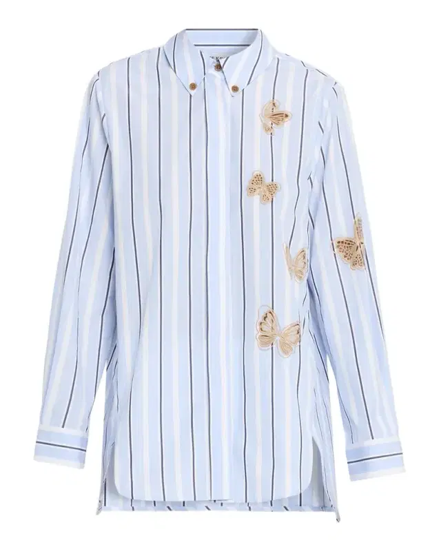 Butterfly Embroidered Striped Cotton Button-Down Shirt