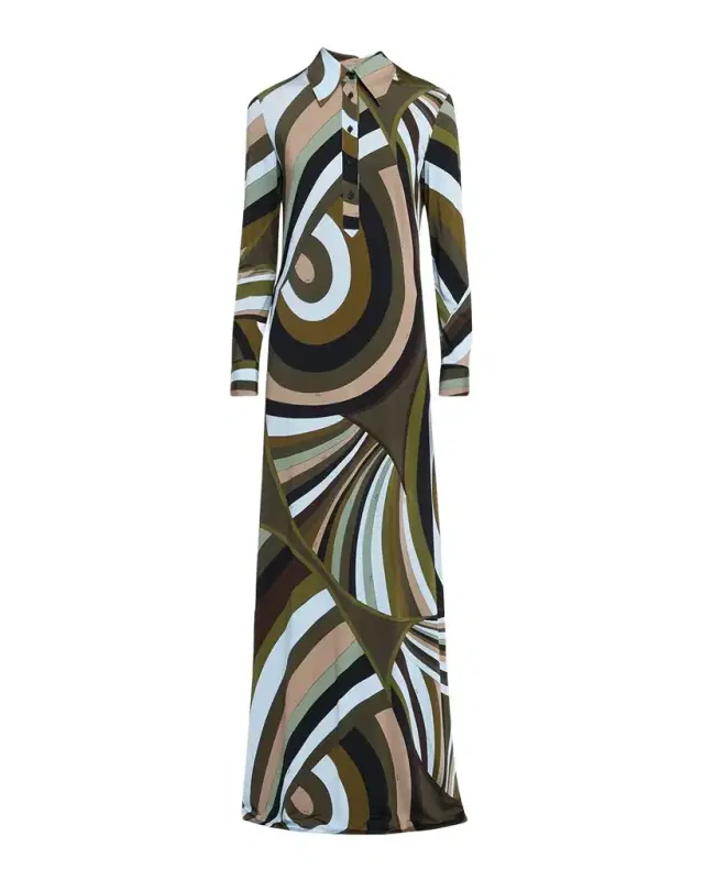 Iride-Print Jersey Long-Sleeve Maxi Shirtdress