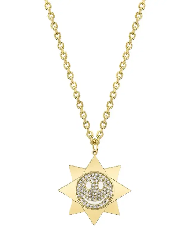 14K Large Happy Face Sun on Chain Necklace
