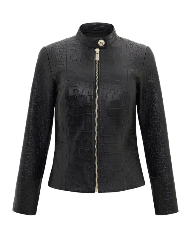 Select Leather Croc-Embossed Zip Jacket