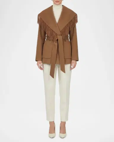 Gorski Fringe Shawl-Lapel Cashmere-Wool Belted Jacket | Thumbnail 2