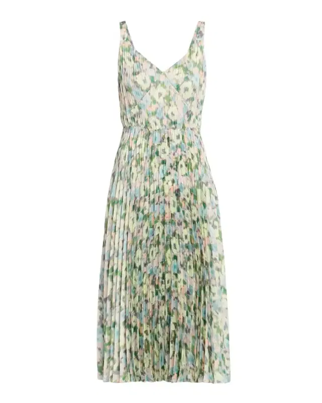 Vince Pleated Painted Garden V-Neck Midi Dress