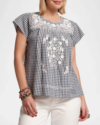 Frances Valentine Camila Embroidered Gingham Cotton Top | Thumbnail 2