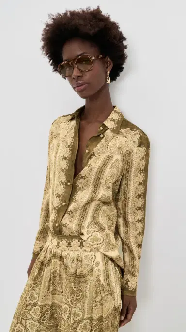 Zimmermann Luna Silk Satin Shirt Olive Perla Paisley | Thumbnail 2 Zimmermann Luna Silk Satin Shirt Olive Perla Paisley | Thumbnail 2