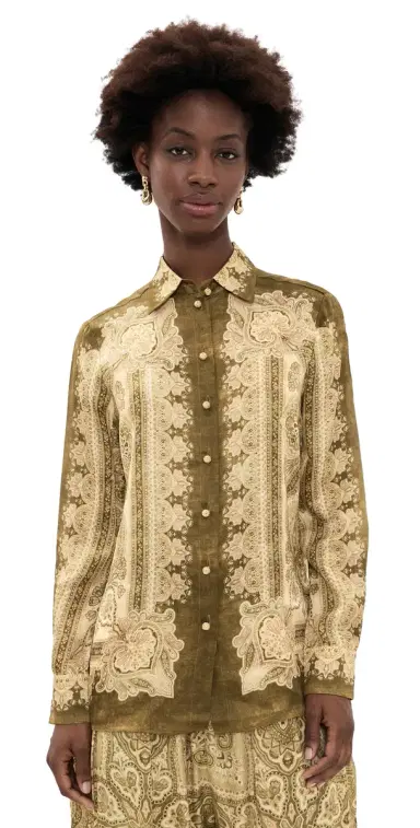 Zimmermann Luna Silk Satin Shirt Olive Perla Paisley | Thumbnail 1 Zimmermann Luna Silk Satin Shirt Olive Perla Paisley | Thumbnail 1