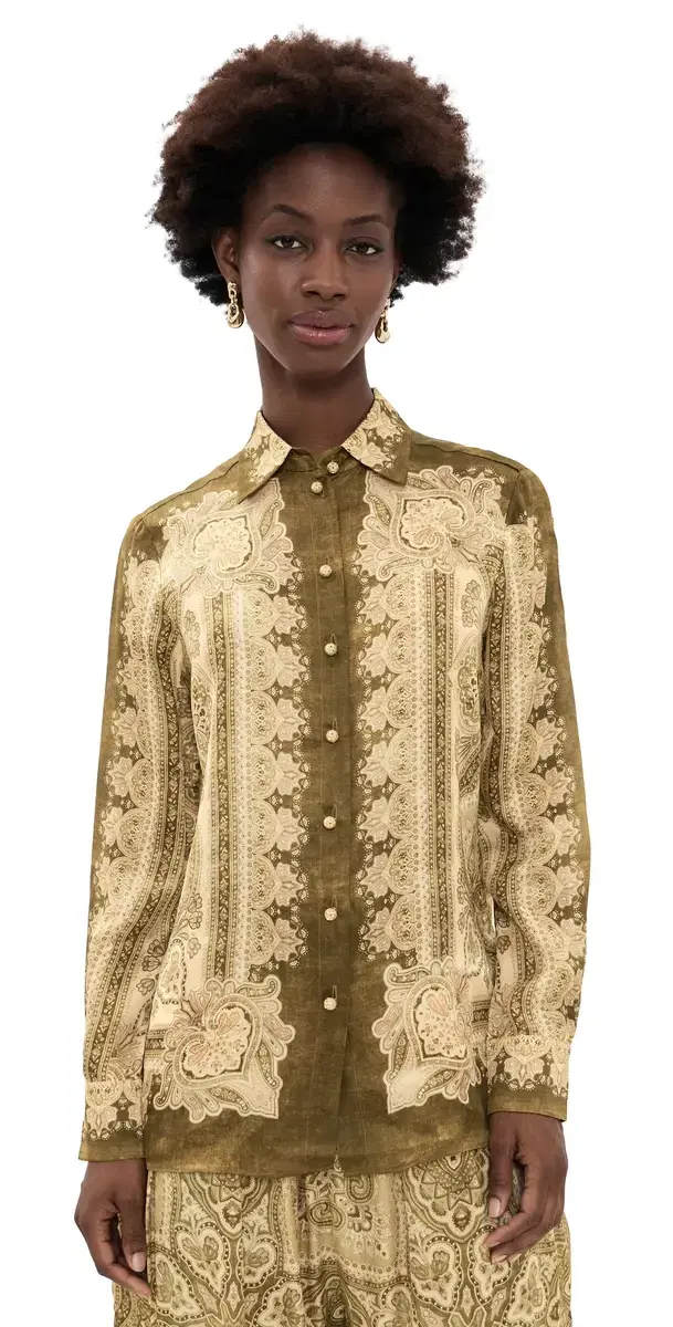 Luna Silk Satin Shirt Olive Perla Paisley