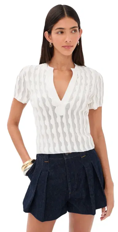SIMKHAI Mallorie Scalloped Knit Polo Top | Thumbnail 1