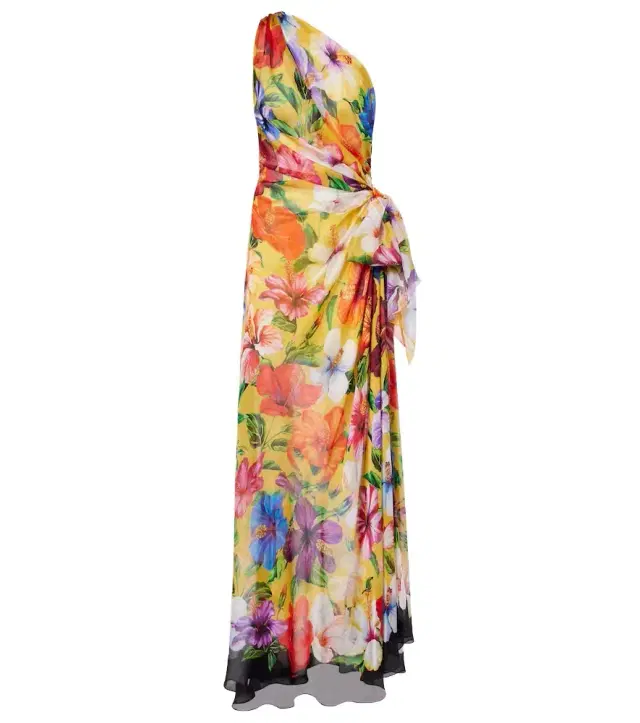 Floral one-shoulder silk gown