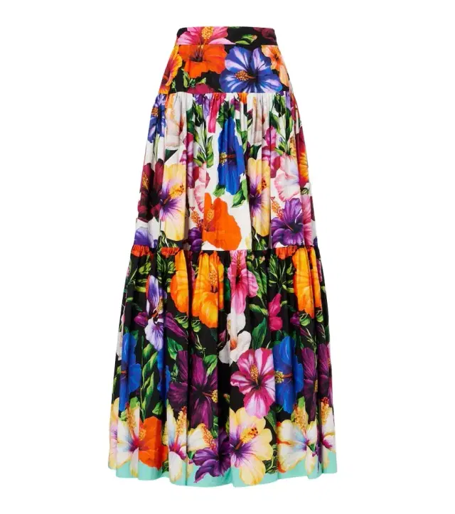 Floral tiered cotton maxi skirt