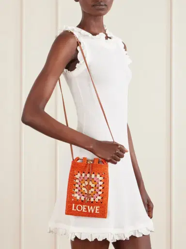 Loewe + Paula's Ibiza Logo-trimmed Leather-trimmed Crocheted Raffia Bucket Bag | Thumbnail 2