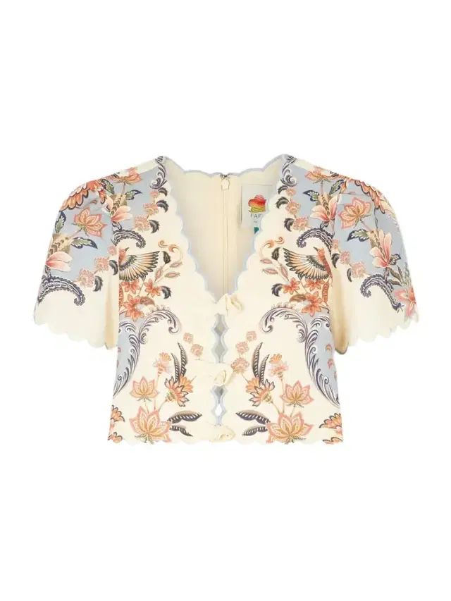 Cropped Floral-appliquéd Printed Linen Top