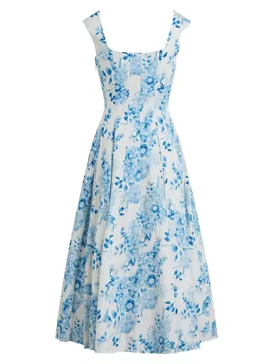Favorite Daughter Women's The Muse Pleated Floral Stretch-Cotton Midi-Dress - Blue And White Floral - Size 12 | Thumbnail 2