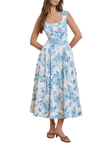 Favorite Daughter Women's The Muse Pleated Floral Stretch-Cotton Midi-Dress - Blue And White Floral - Size 12 | Thumbnail 3