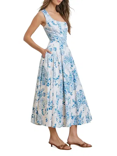 Favorite Daughter Women's The Muse Pleated Floral Stretch-Cotton Midi-Dress - Blue And White Floral - Size 12 | Thumbnail 4