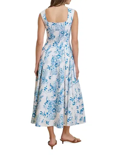 Favorite Daughter Women's The Muse Pleated Floral Stretch-Cotton Midi-Dress - Blue And White Floral - Size 12 | Thumbnail 5