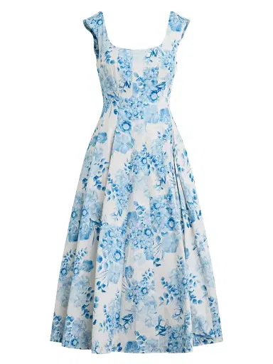 Favorite Daughter Women's The Muse Pleated Floral Stretch-Cotton Midi-Dress - Blue And White Floral - Size 12 | Thumbnail 1