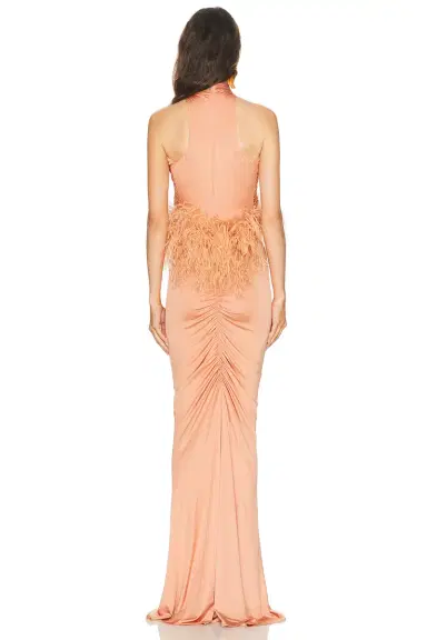 LaPointe Jersey Sleeveless Halter Ruched Gown With Feathers | Thumbnail 3 LaPointe Jersey Sleeveless Halter Ruched Gown With Feathers | Thumbnail 3