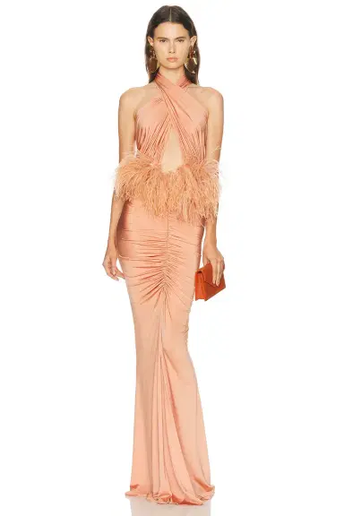 LaPointe Jersey Sleeveless Halter Ruched Gown With Feathers | Thumbnail 1 LaPointe Jersey Sleeveless Halter Ruched Gown With Feathers | Thumbnail 1