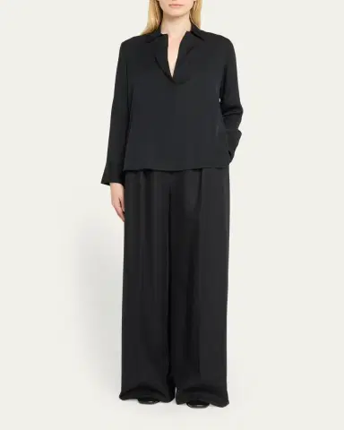 Vince Long-Sleeve Silk Pullover Polo Top | Thumbnail 2