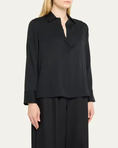 Vince Long-Sleeve Silk Pullover Polo Top | Thumbnail 4
