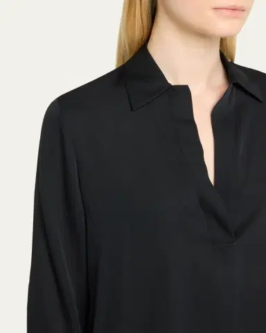 Vince Long-Sleeve Silk Pullover Polo Top | Thumbnail 5