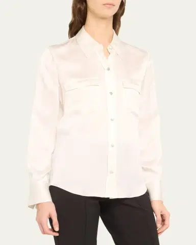 Vince Long-Sleeve Silk Pullover Polo Top | Thumbnail 8